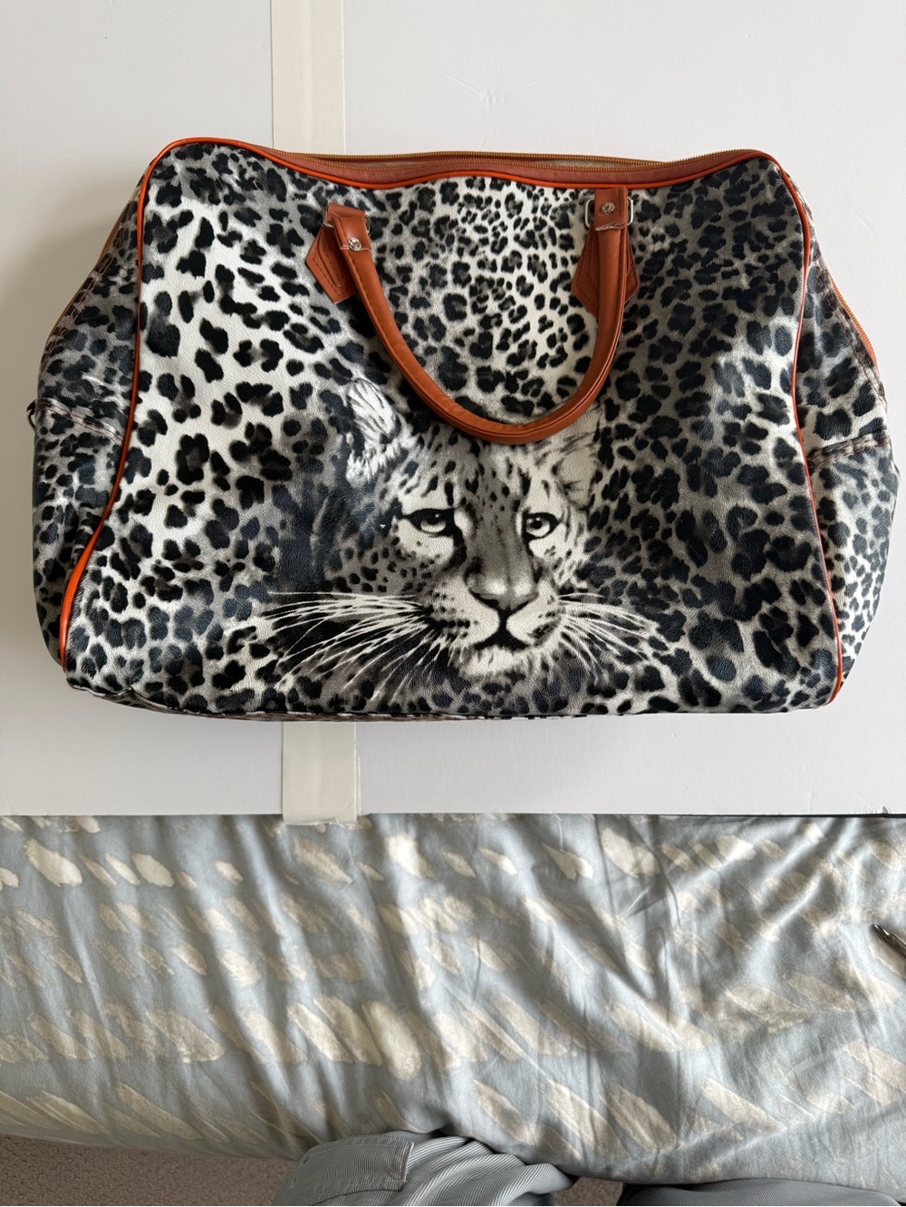 Leopard Face Travel Weekender Bag with Tan Trim
